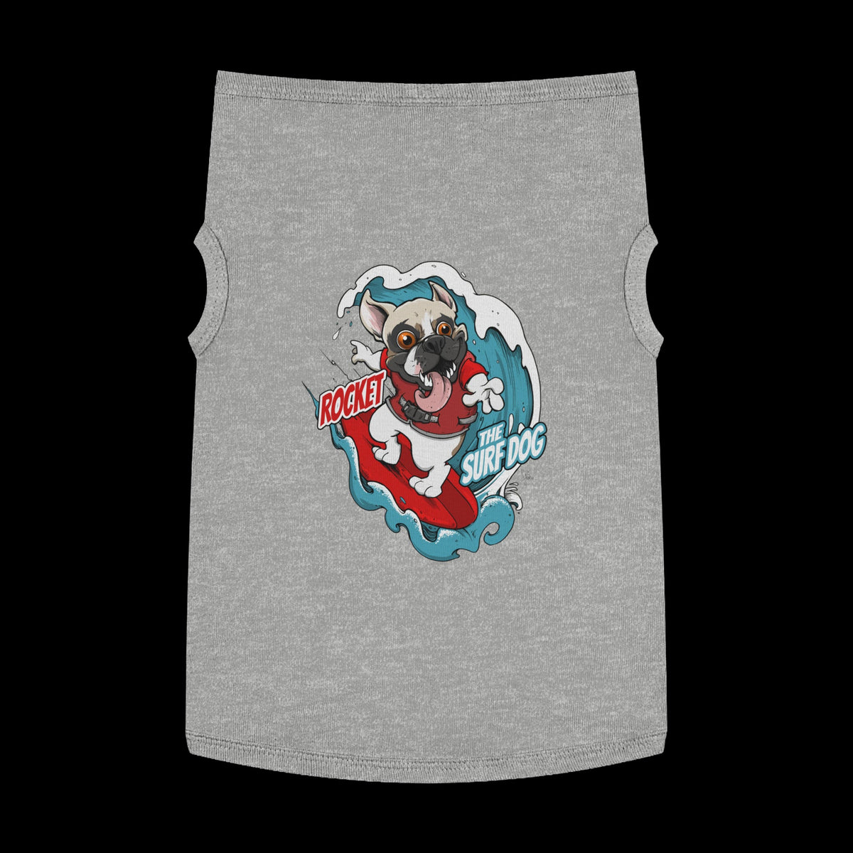 A heather gray pet shirt featuring a colorful graphic of a French Bulldog surfing on a red board with the text 'ROCKET THE SURF DOG.'