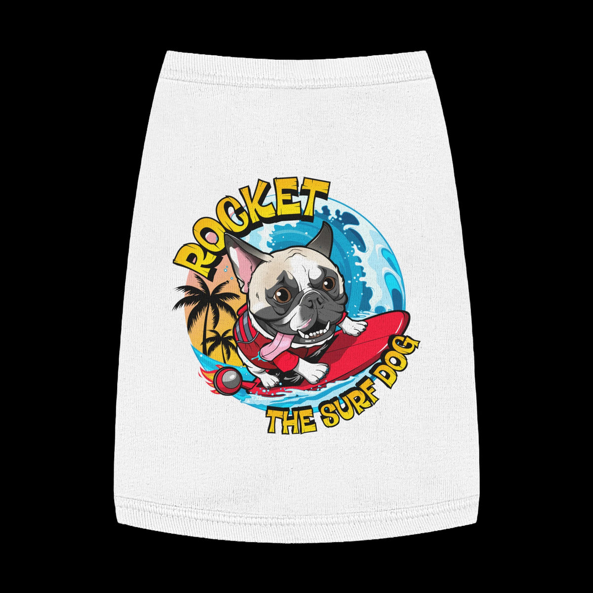 A white pet shirt featuring a colorful graphic of a French Bulldog surfing on a red board with the text 'ROCKET THE SURF DOG' in yellow and blue.