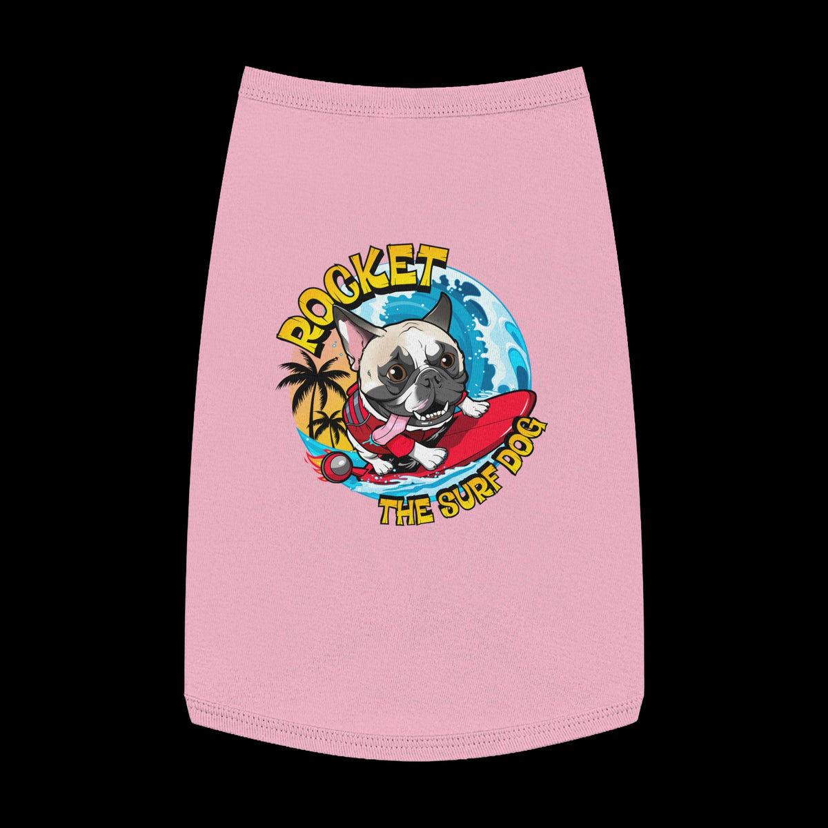 A pink pet shirt featuring a colorful graphic of a French Bulldog surfing on a red board with the text 'ROCKET THE SURF DOG' in yellow and blue.