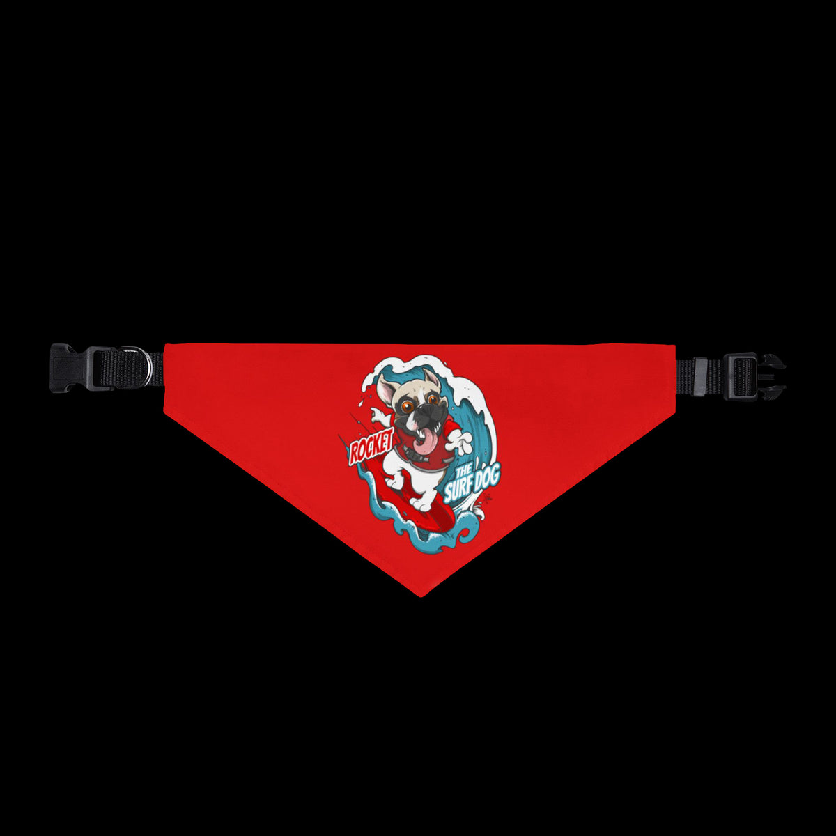 A red triangular pet bandana with a cartoon dog graphic in the center and black plastic buckle closures on both ends, shown against a plain white background.