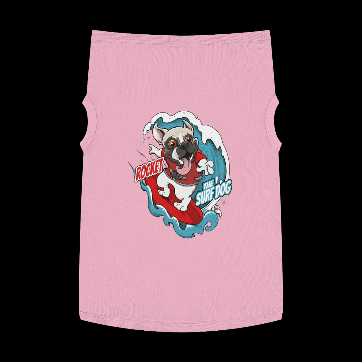 A pink pet shirt featuring a colorful graphic of a French Bulldog surfing on a red board with the text 'ROCKET THE SURF DOG.'