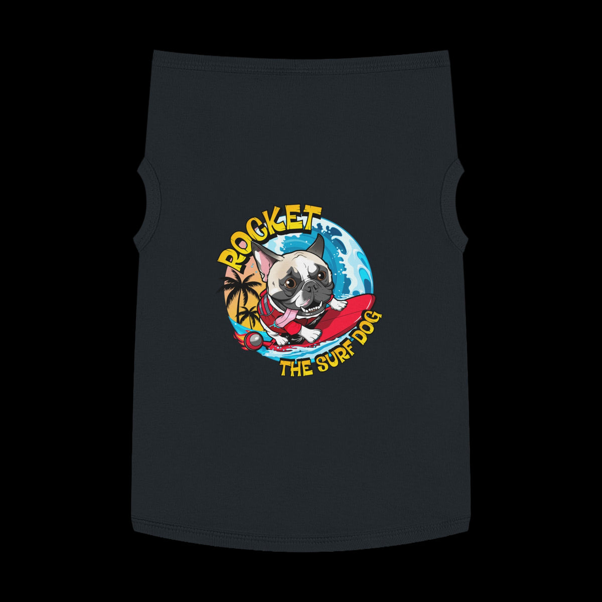 A black pet shirt featuring a colorful graphic of a French Bulldog surfing on a red board with the text 'ROCKET THE SURF DOG' in yellow and blue.