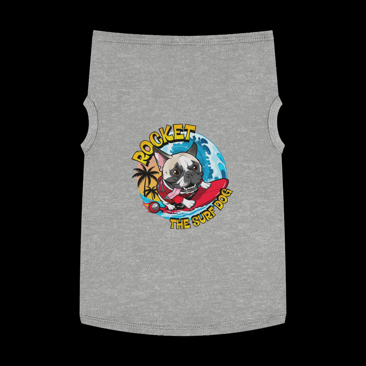 A heather gray pet shirt featuring a colorful graphic of a French Bulldog surfing on a red board with the text 'ROCKET THE SURF DOG' in yellow and blue.