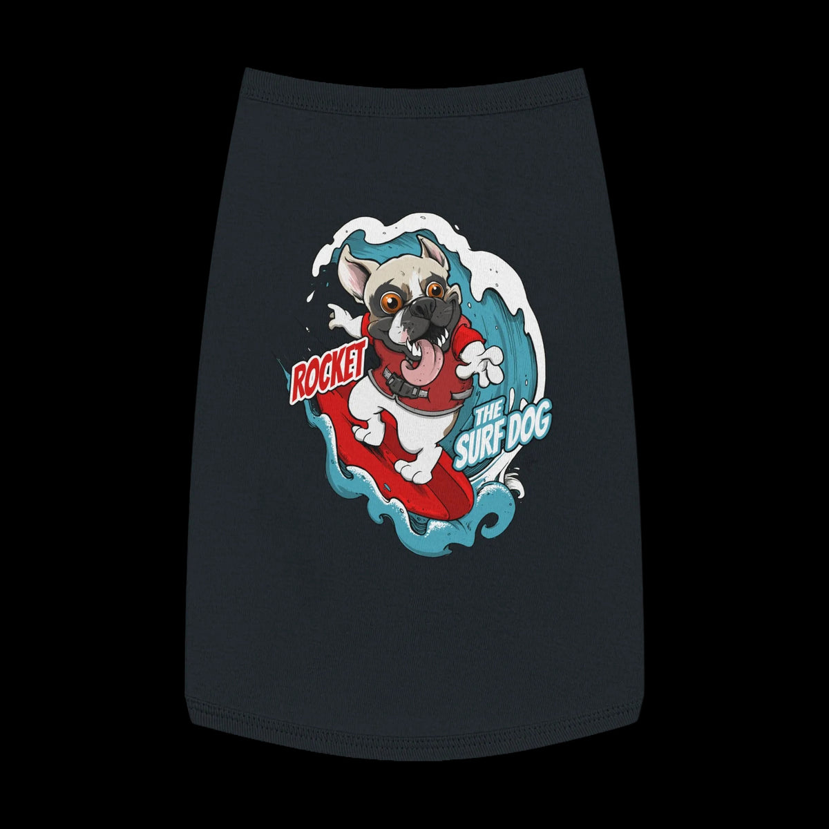 A black pet shirt featuring a colorful graphic of a French Bulldog surfing on a red board with blue waves, accompanied by the text 'ROCKET THE SURF DOG'.