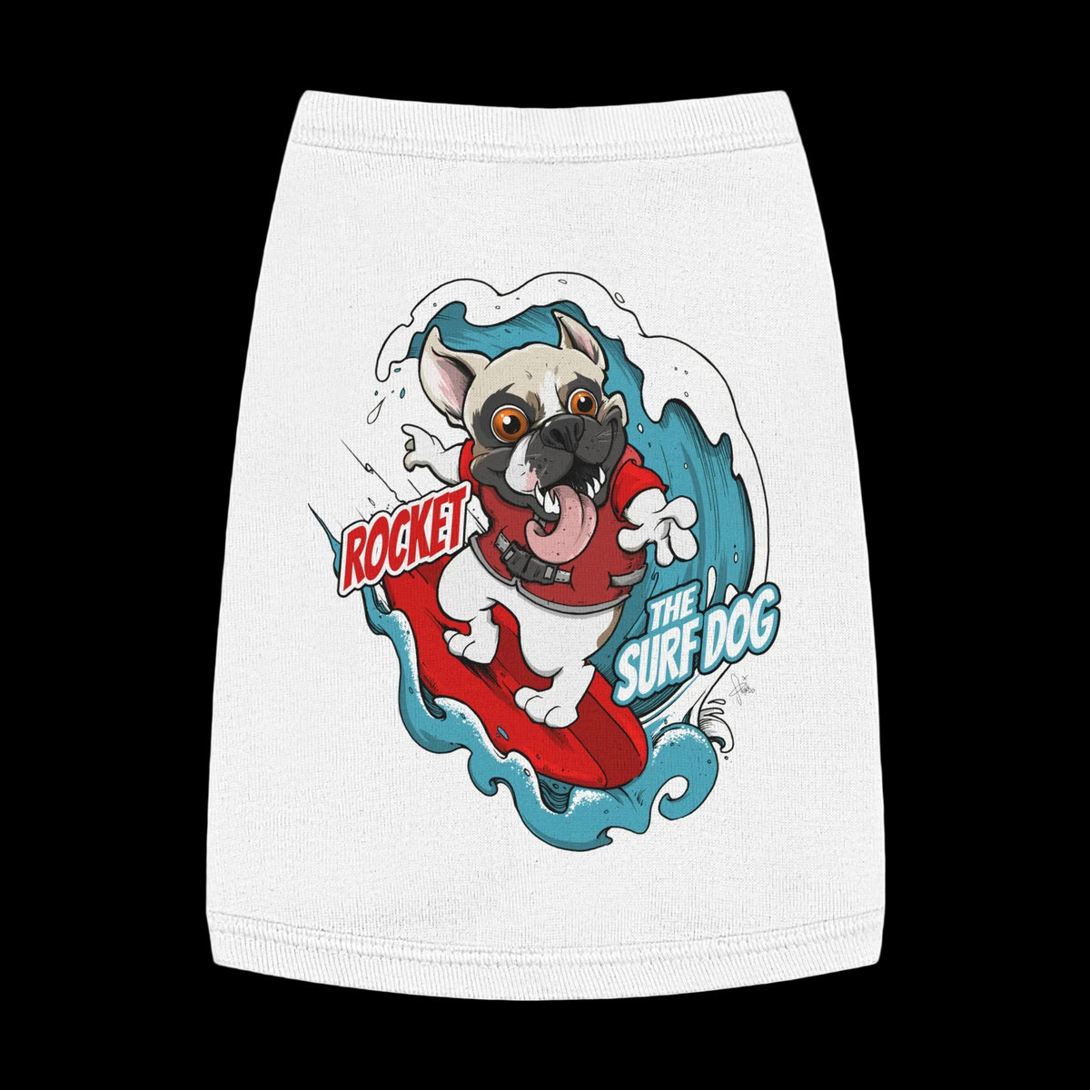 A white pet shirt featuring a colorful graphic of a French Bulldog surfing on a red board with the text 'ROCKET THE SURF DOG'.