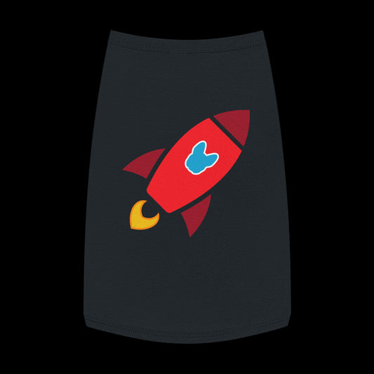 A black pet shirt featuring a colorful graphic of a red rocket ship with a blue French Bulldog window and a yellow flame, displayed on a solid black background.