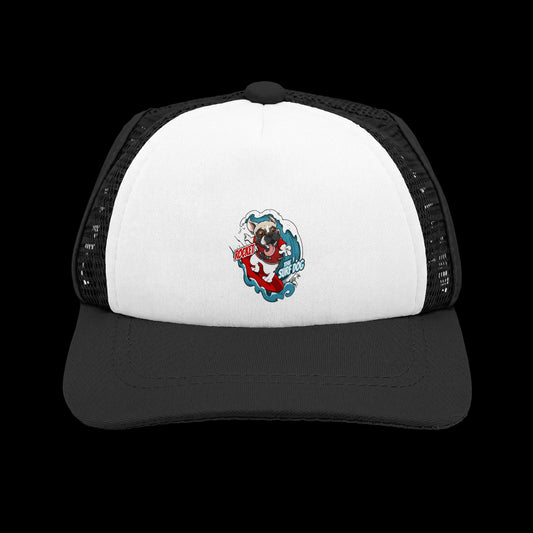 A black and white trucker hat featuring a cartoon dog graphic on the front panel with the text 'Rocket the Surf Dog.'