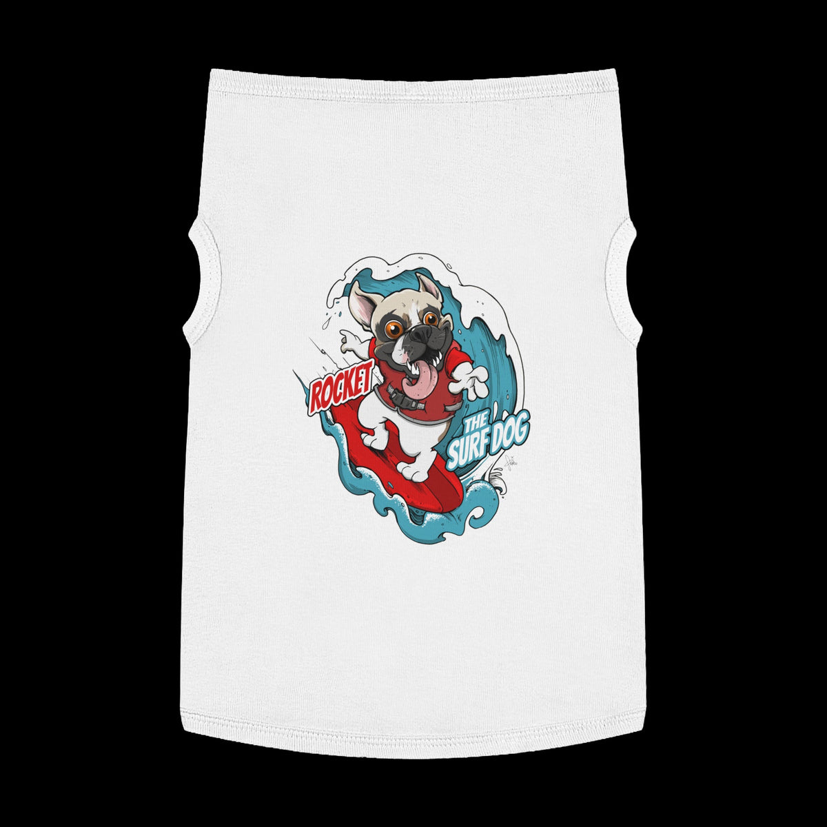 A white pet shirt featuring a colorful graphic of a French Bulldog surfing on a red board with the text 'ROCKET THE SURF DOG.'