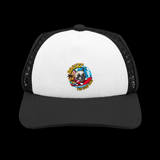 A black and white trucker hat featuring a cartoon dog graphic on the front panel with the text 'Rocket the Surf Dog.'