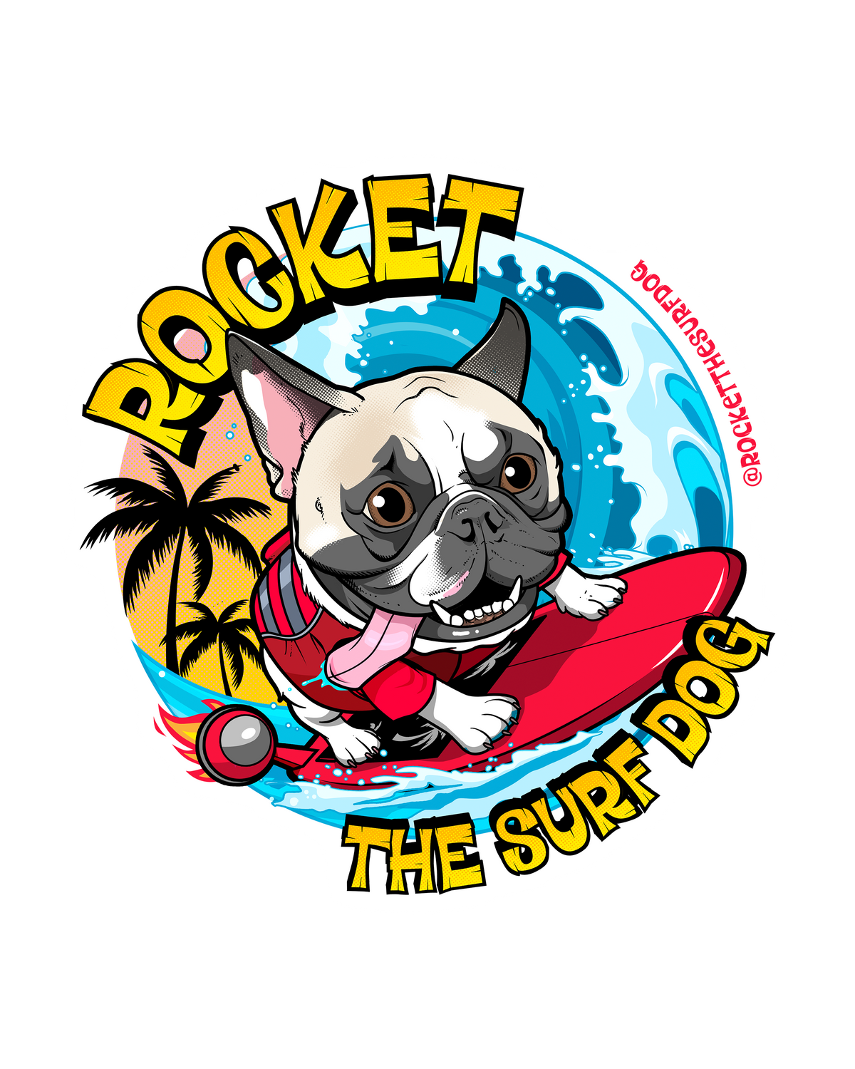A sticker featuring a cartoon-style logo featuring a French bulldog surfing on a red surfboard with palm trees and ocean waves, surrounded by the words “ROCKET THE SURF DOG” in bold yellow lettering.