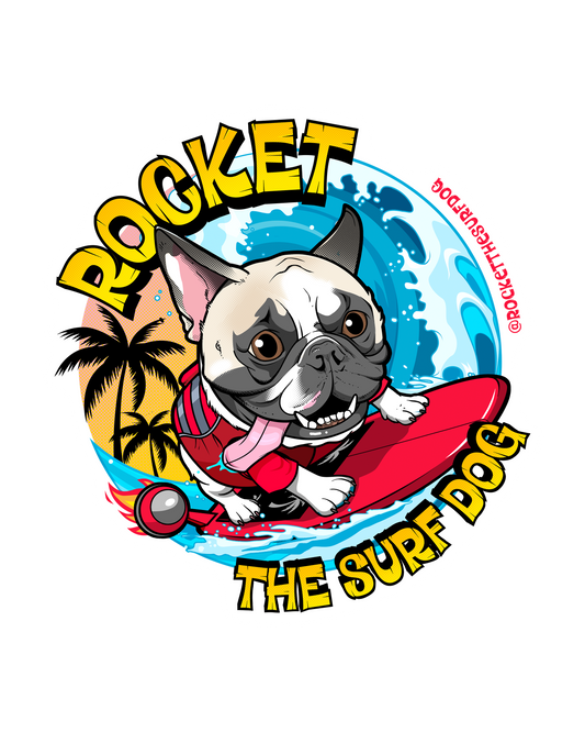 A sticker featuring a cartoon-style logo featuring a French bulldog surfing on a red surfboard with palm trees and ocean waves, surrounded by the words “ROCKET THE SURF DOG” in bold yellow lettering.