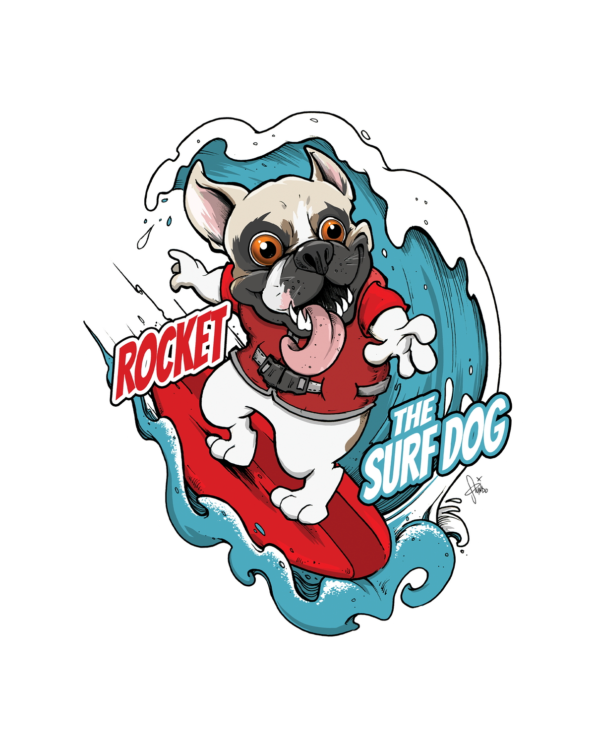 A sticker featuring a cartoon-style illustration of a French bulldog surfing on a red board inside a blue wave, with the words 'ROCKET' and 'THE SURF DOG'.