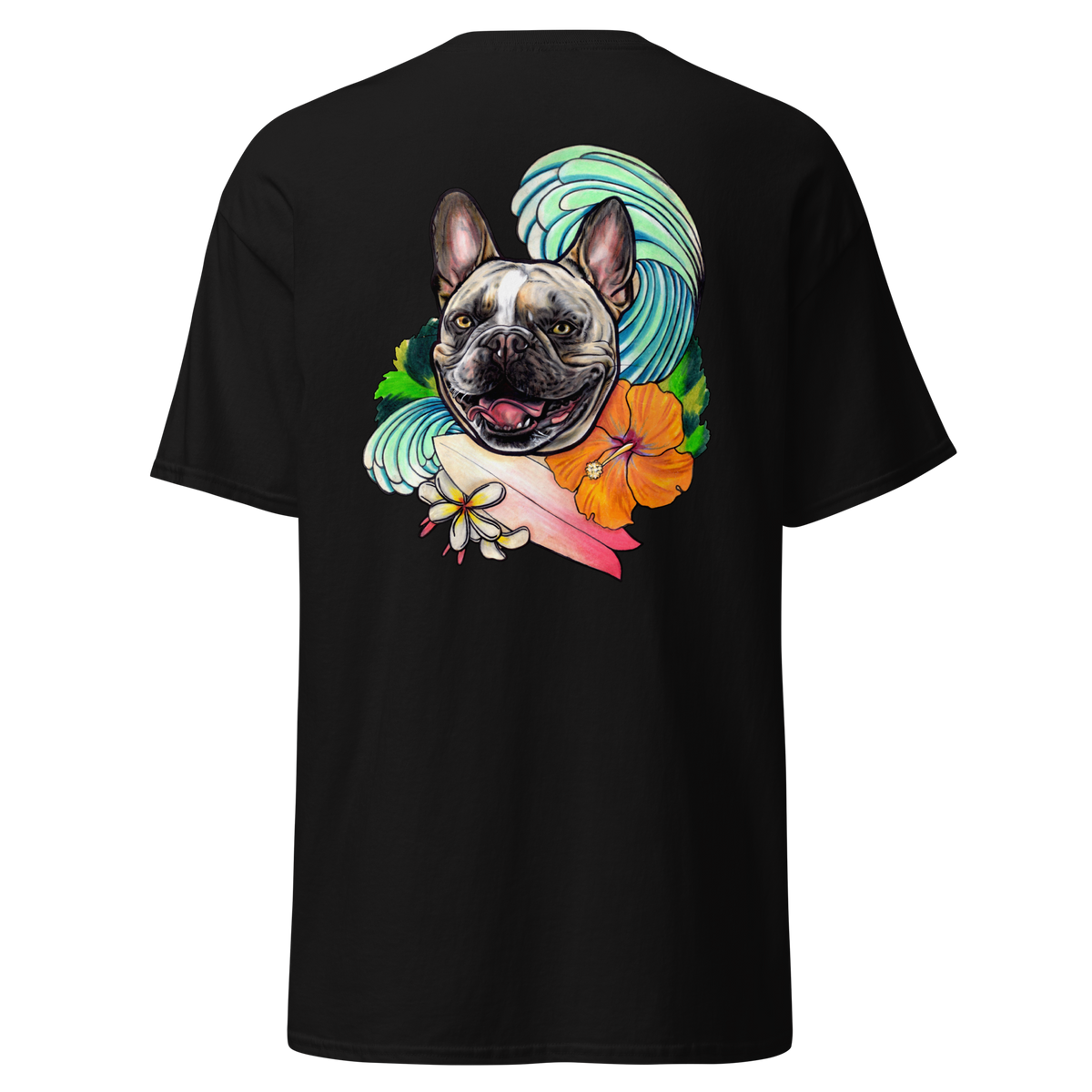 A black short-sleeve t-shirt shown from the back, featuring a large graphic print of a French Bulldog surrounded by a turquoise wave, an orange hibiscus flower, and a pink surfboard.