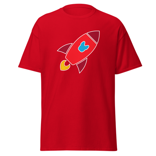 A red short-sleeve crewneck t-shirt featuring a cartoon rocket graphic on the chest. The rocket is primarily red with dark red accents, a light blue Frenchie-shaped logo in the center, and yellow flames at the base.