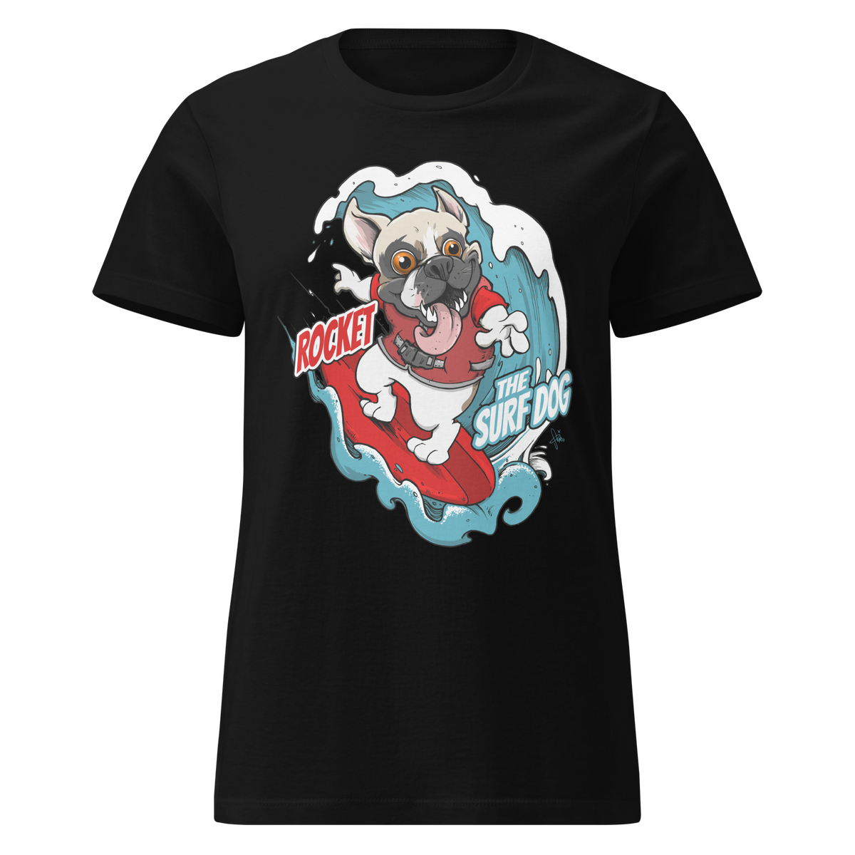 A black short-sleeve crewneck t-shirt featuring a cartoon graphic of a white French Bulldog surfing on a red board with blue waves, accompanied by the text 'ROCKET THE SURF DOG'.