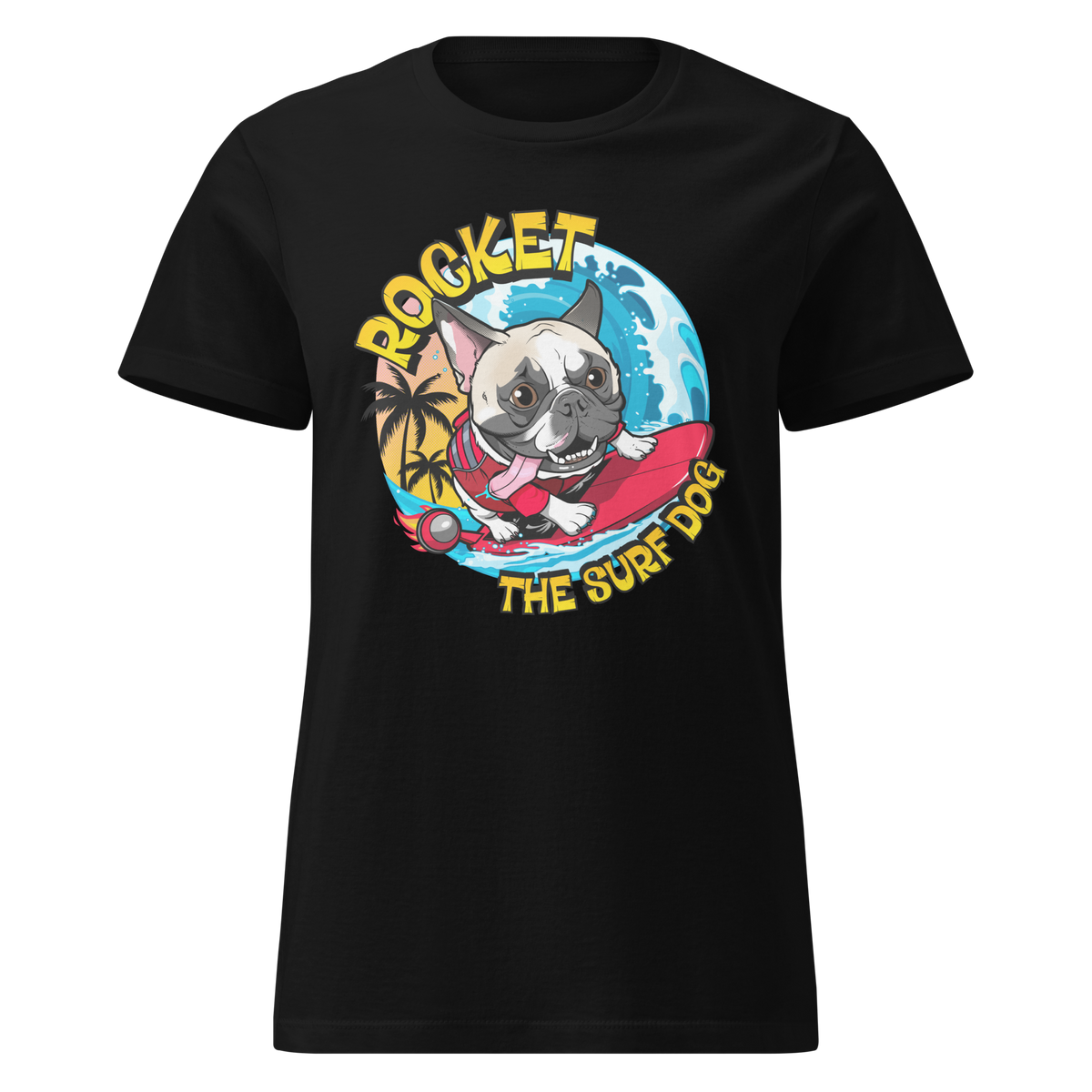 A black short-sleeve crewneck t-shirt featuring a colorful graphic print of a French Bulldog surfing on a red board with the text 'ROCKET THE SURF DOG' and a blue ocean background.