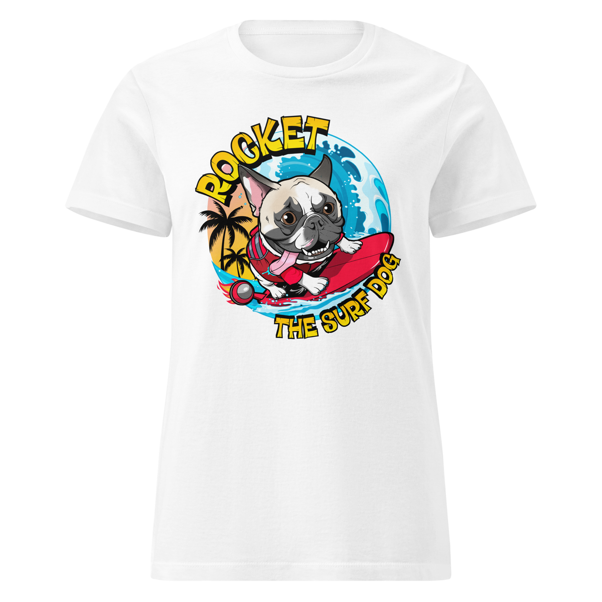 A white short-sleeve crewneck t-shirt featuring a colorful graphic print of a French Bulldog surfing on a red board with the text 'ROCKET THE SURF DOG' and a blue ocean background.
