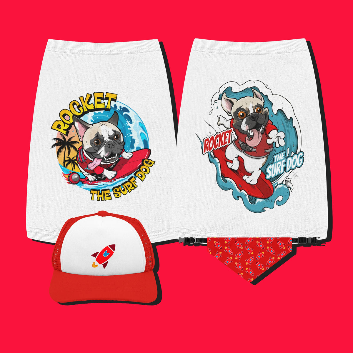 A white pet shirt featuring a colorful graphic of a French Bulldog surfing on a red board with the text 'ROCKET THE SURF DOG.'