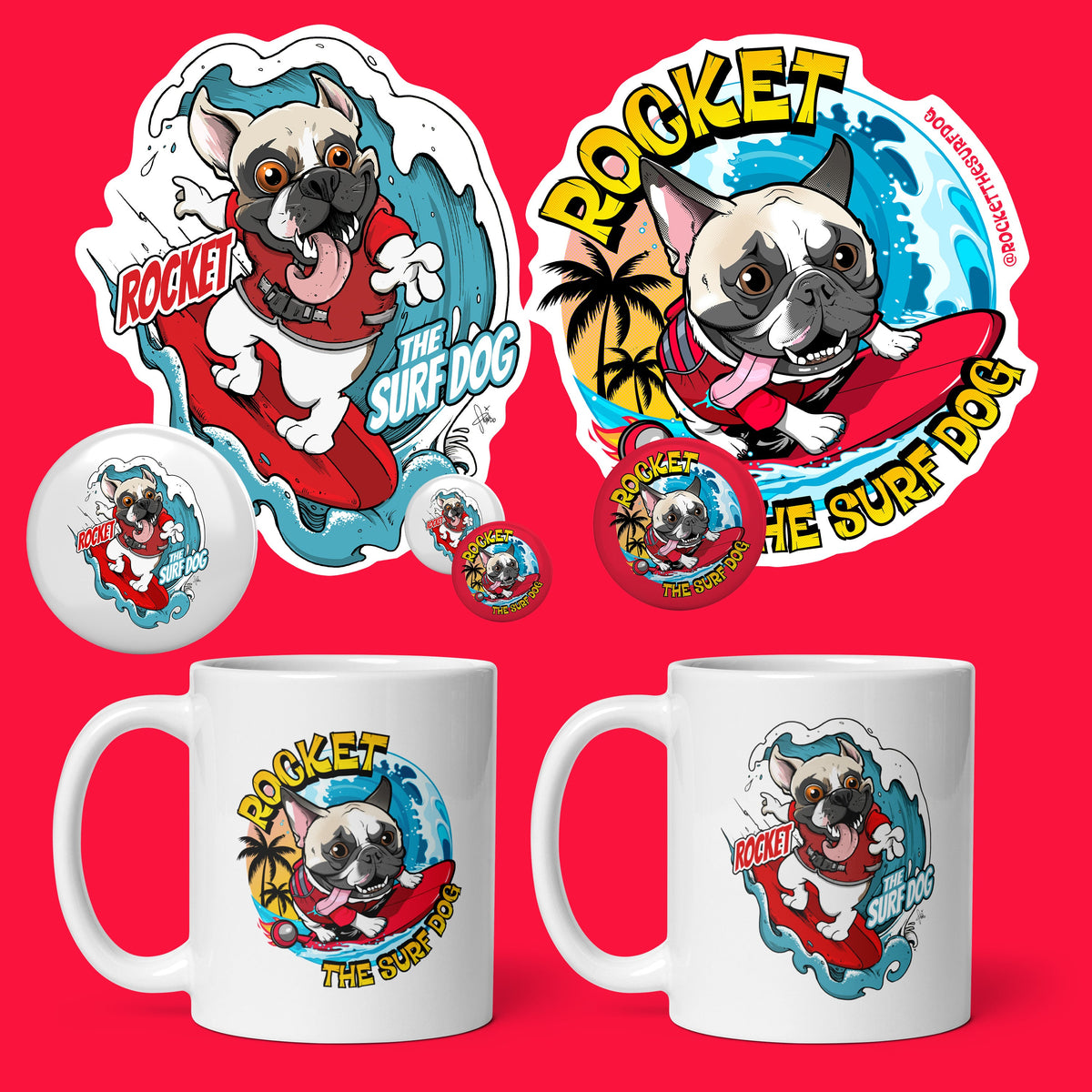 Accessories collection cover for Rocket the Surf Dog merch — stickers, buttons, magnets, and mugs.