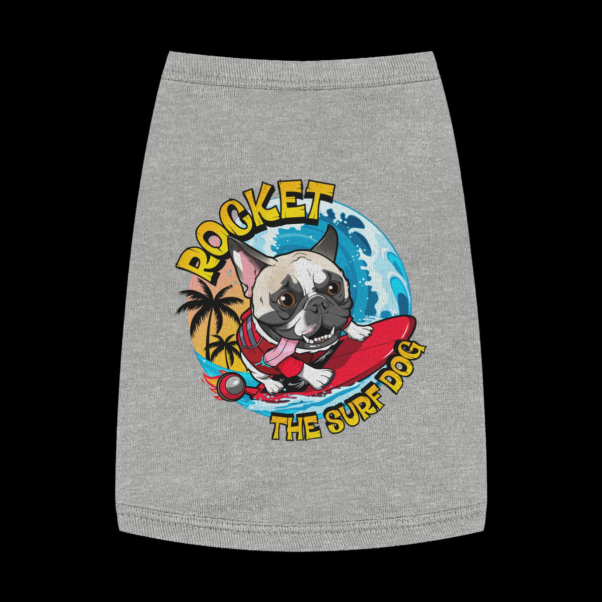 A heather gray pet shirt featuring a colorful graphic of a French Bulldog surfing on a red board with the text 'ROCKET THE SURF DOG' in yellow and blue.