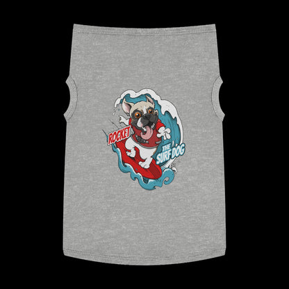 A heather gray pet shirt featuring a colorful graphic of a French Bulldog surfing on a red board with the text 'ROCKET THE SURF DOG.'