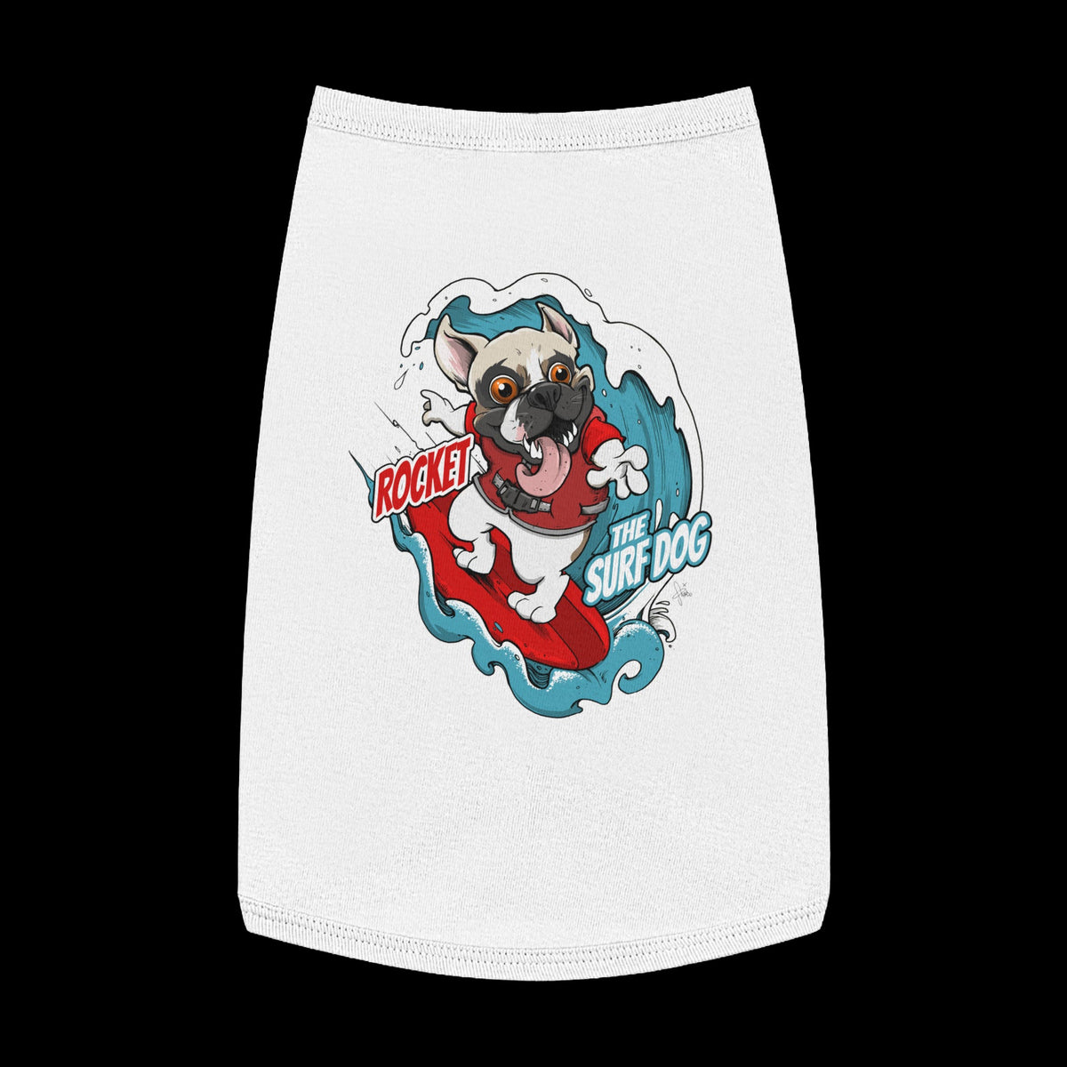 A white pet shirt featuring a colorful graphic of a French Bulldog surfing on a red board with the text 'ROCKET THE SURF DOG.'