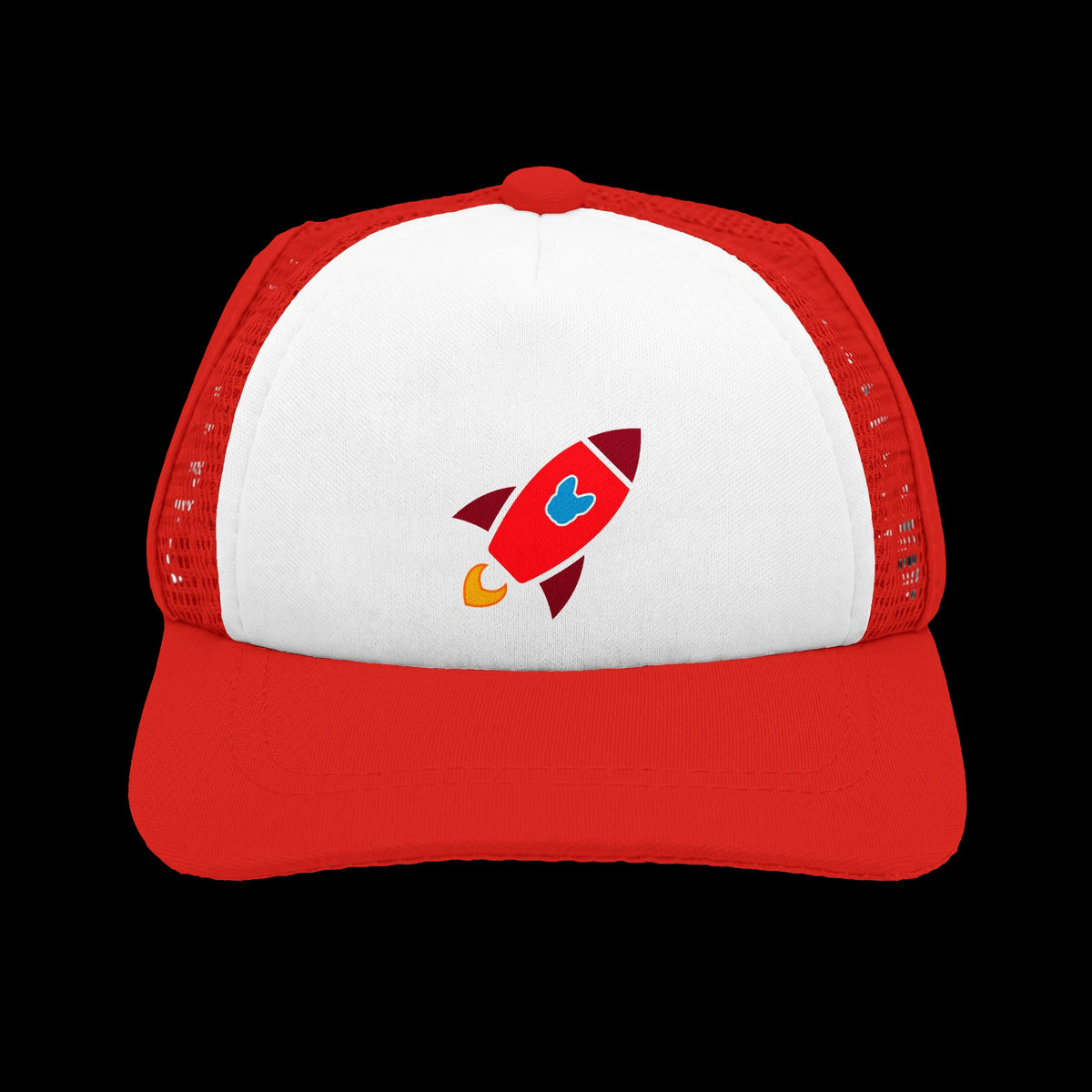 A red and white trucker hat featuring a red rocketship graphic with a blue French Bulldog on the front white panel.