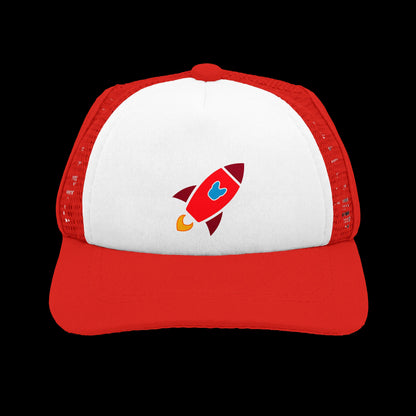 A red and white trucker hat featuring a red rocketship graphic with a blue French Bulldog on the front white panel.