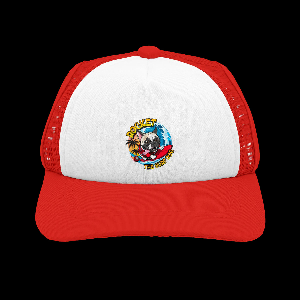 A red and white trucker hat featuring a cartoon dog graphic on the front panel with the text 'Rocket the Surf Dog.'