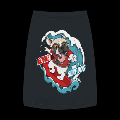 A black pet shirt featuring a colorful graphic of a French Bulldog surfing on a red board with the text 'ROCKET THE SURF DOG.'