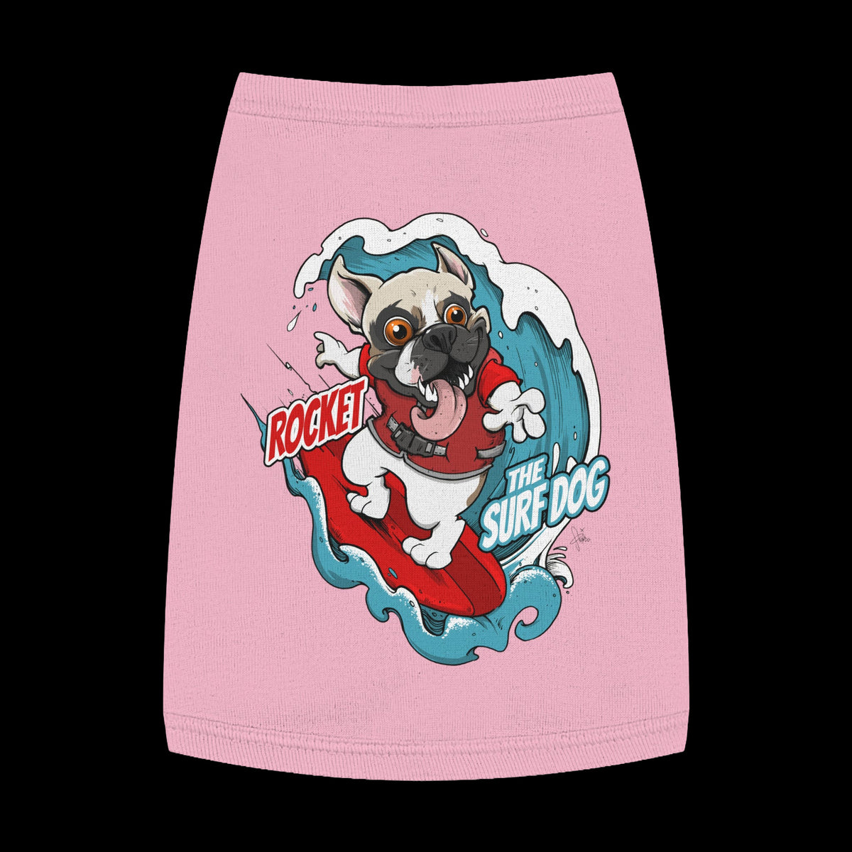 A pink pet shirt featuring a colorful graphic of a French Bulldog surfing on a red board with the text 'ROCKET THE SURF DOG.'