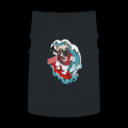A black pet shirt featuring a colorful graphic of a French Bulldog surfing on a red board with the text 'ROCKET THE SURF DOG.'