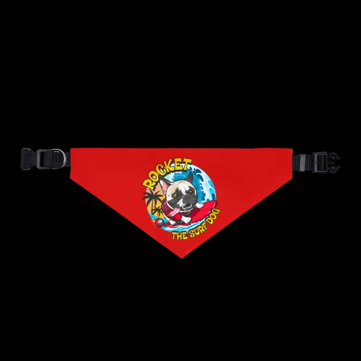 A red triangular pet bandana with black plastic buckles on both ends, featuring a colorful central graphic of a dog on a surfboard with the text 'ROCKET DOG THE SURF DOG'.