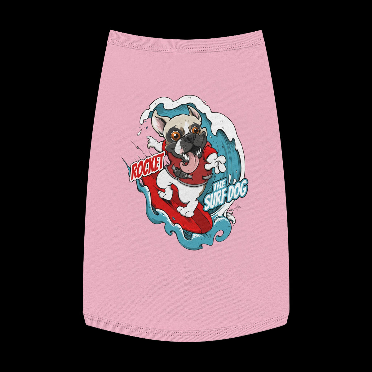 A pink pet shirt featuring a colorful graphic of a French Bulldog surfing on a red board with the text 'ROCKET THE SURF DOG.'