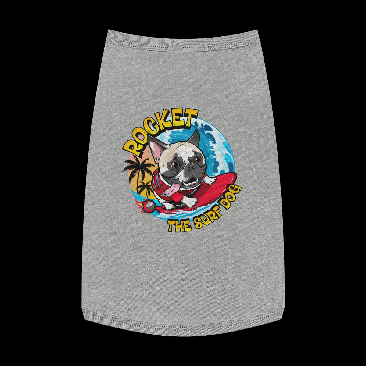 A heather gray pet shirt featuring a colorful graphic of a French Bulldog surfing on a red board with the text 'ROCKET THE SURF DOG' in yellow and blue.