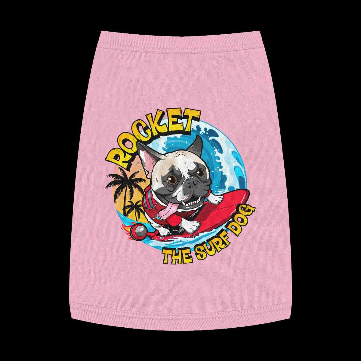 A pink pet shirt featuring a colorful graphic of a French Bulldog surfing on a red board with the text 'ROCKET THE SURF DOG' in yellow and blue.