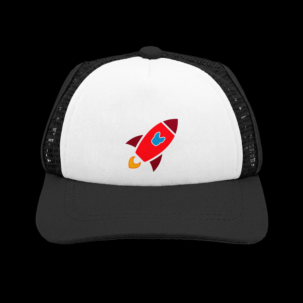 A black and white trucker hat featuring a red rocketship graphic with a blue French Bulldog on the front white panel.