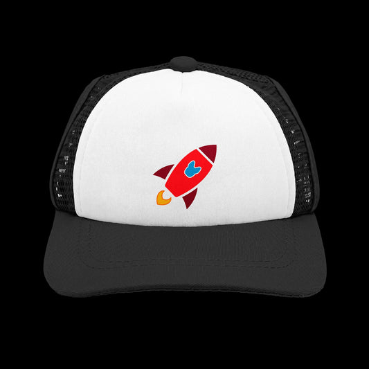 A black and white trucker hat featuring a red rocketship graphic with a blue French Bulldog on the front white panel.
