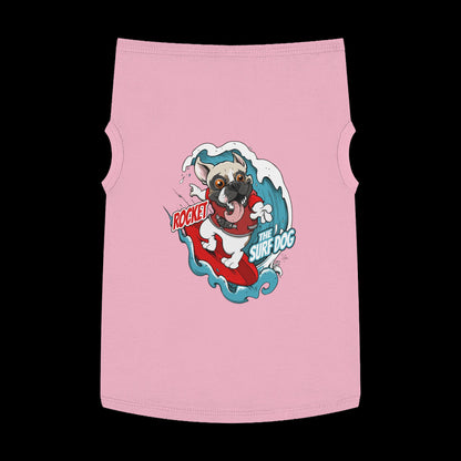 A pink pet shirt featuring a colorful graphic of a French Bulldog surfing on a red board with the text 'ROCKET THE SURF DOG.'