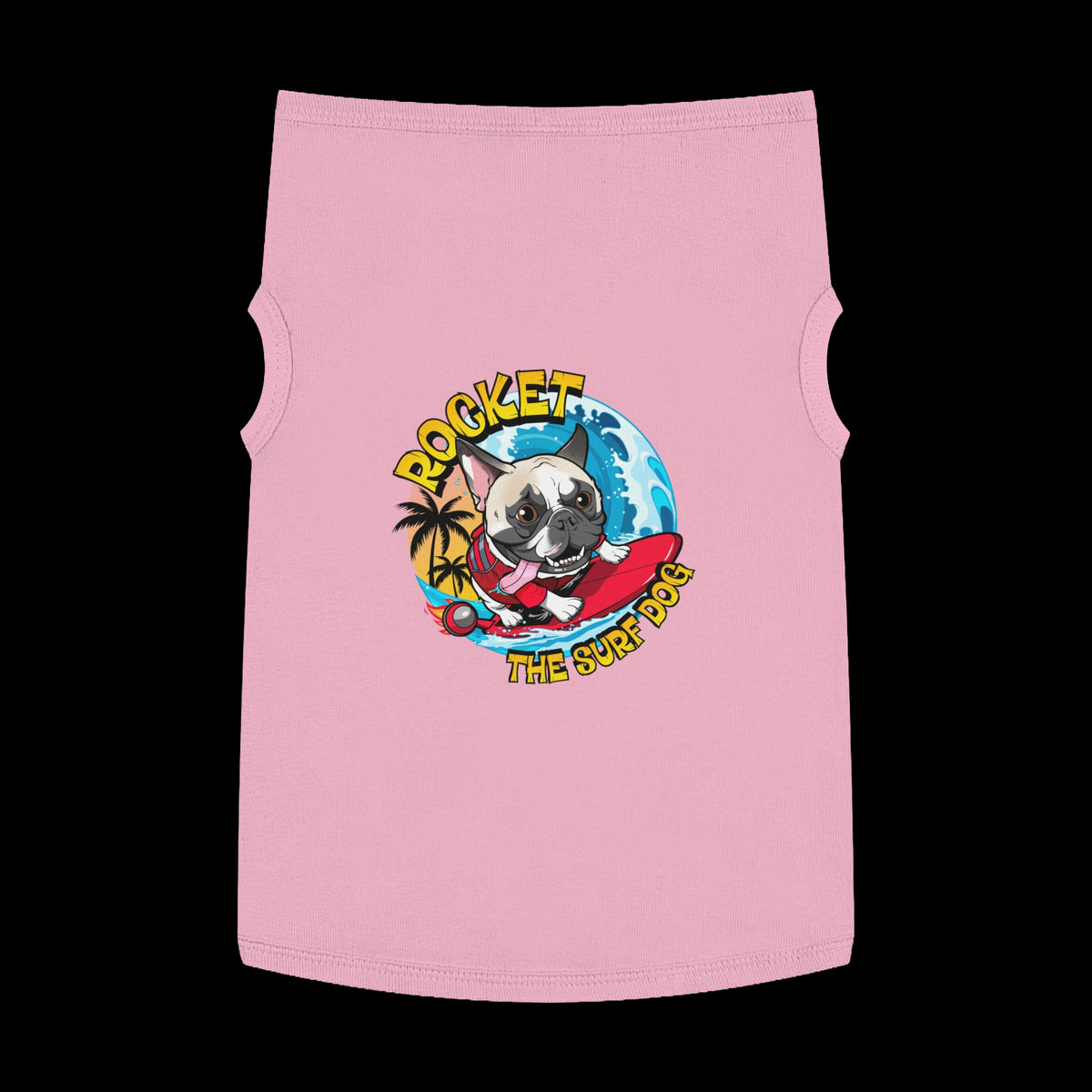 A pink pet shirt featuring a colorful graphic of a French Bulldog surfing on a red board with the text 'ROCKET THE SURF DOG' in yellow and blue.