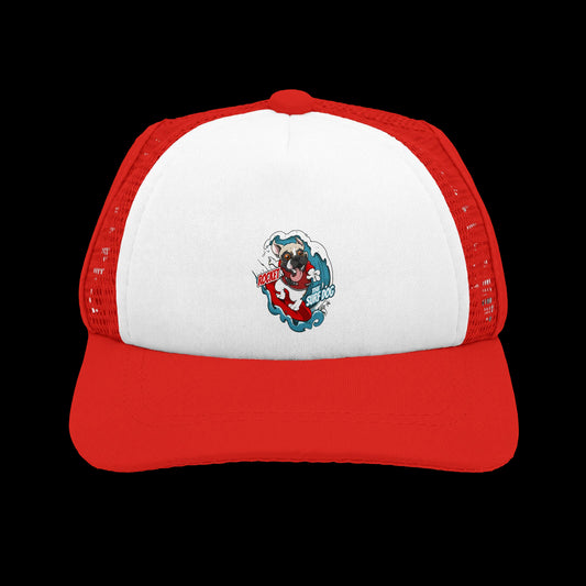 A red and white trucker hat featuring a cartoon dog graphic on the front panel with the text 'Rocket the Surf Dog.'