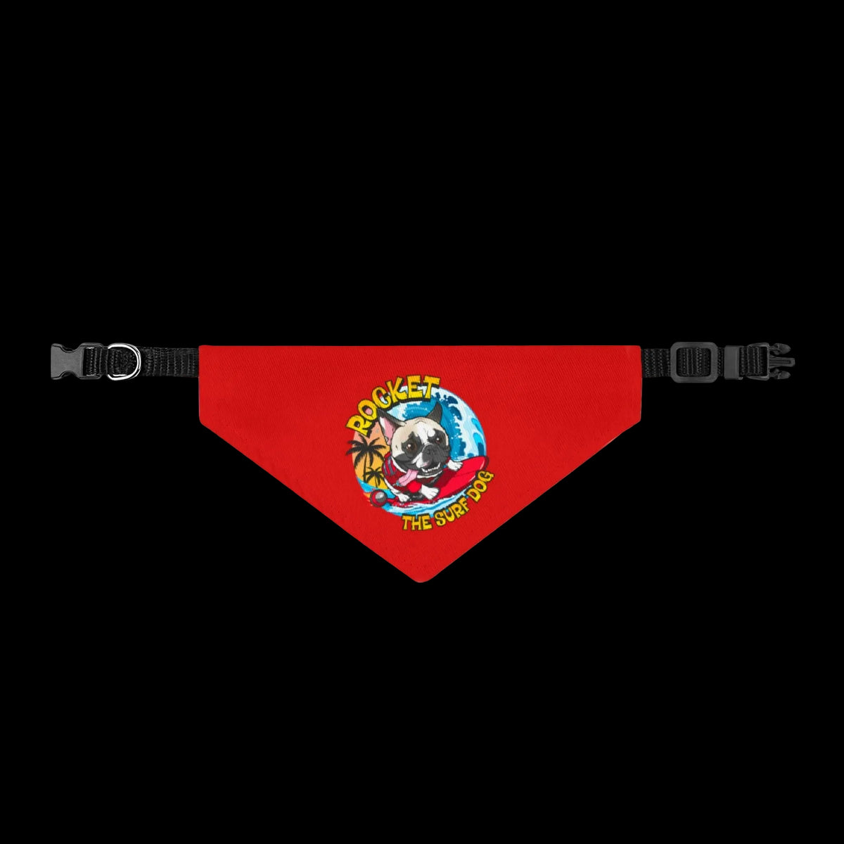 A red dog bandana with a black adjustable strap and buckle, featuring a colorful cartoon graphic of a dog wearing sunglasses and the text 'ROCKET DOG THE STAR STAGGER'.