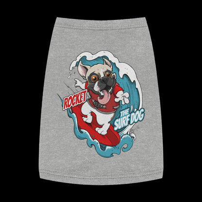 A heather gray pet shirt featuring a colorful graphic of a French Bulldog surfing on a red board with the text 'ROCKET THE SURF DOG.'