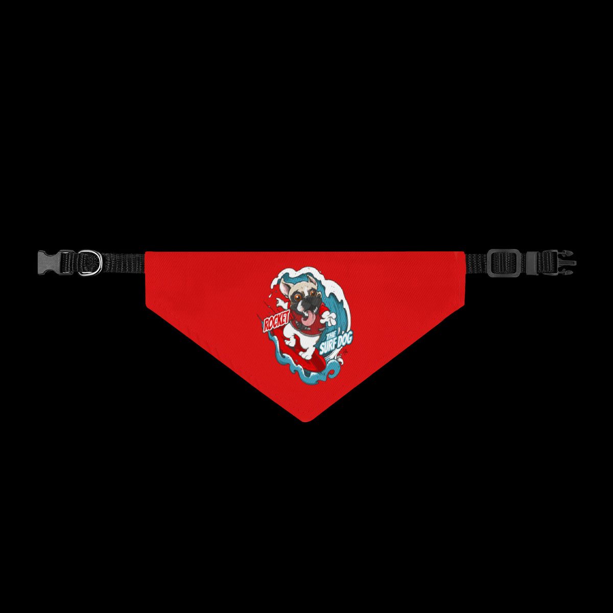 A red triangular pet bandana with a cartoon dog graphic in the center and black plastic buckle closures on both ends, shown against a plain white background.