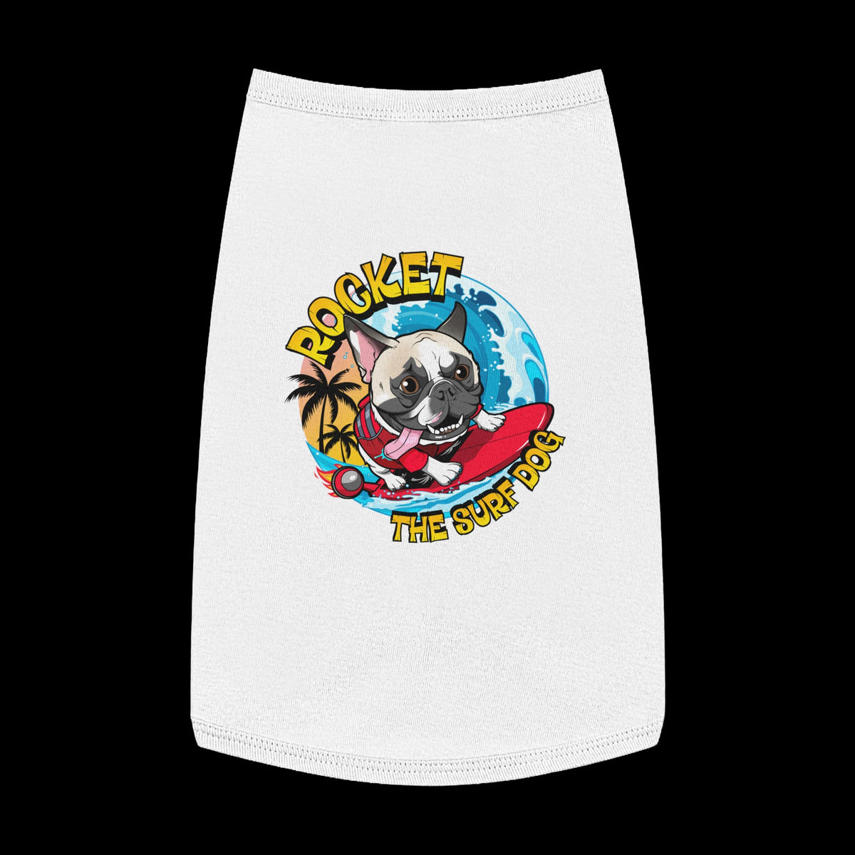A white pet shirt featuring a colorful graphic of a French Bulldog surfing on a red board with the text 'ROCKET THE SURF DOG' in yellow and blue.