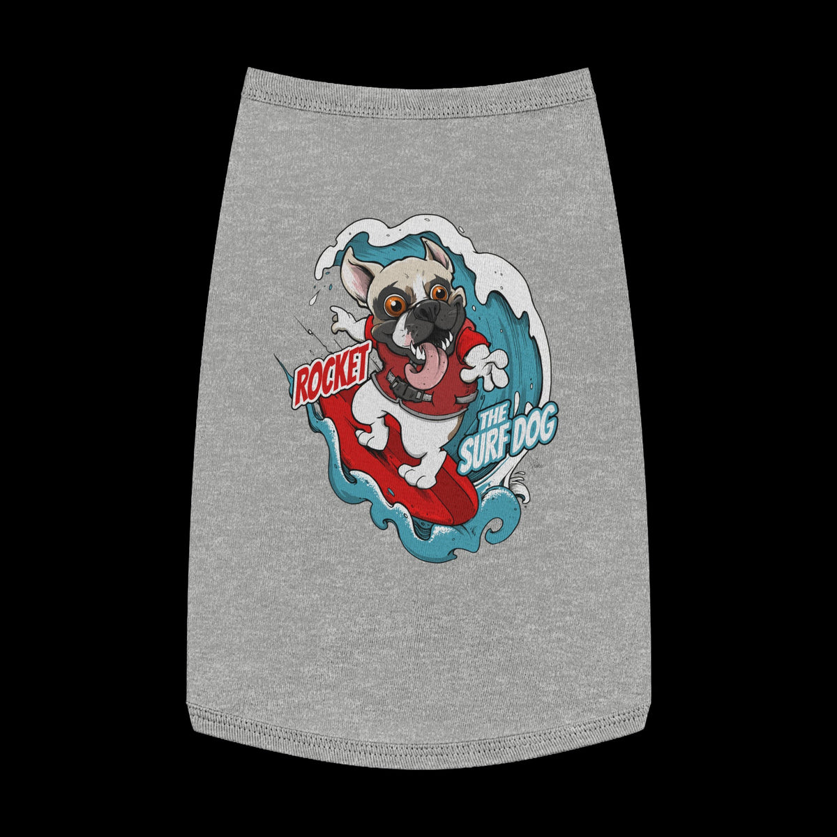A heather gray pet shirt featuring a colorful graphic of a French Bulldog surfing on a red board with the text 'ROCKET THE SURF DOG.'