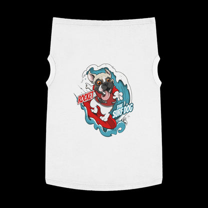 A white pet shirt featuring a colorful graphic of a French Bulldog surfing on a red board with the text 'ROCKET THE SURF DOG.'
