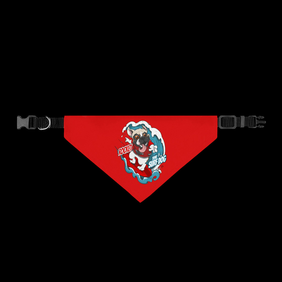 A red triangular pet bandana with a cartoon dog graphic in the center and black plastic buckle closures on both ends, shown against a plain white background.