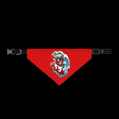 A red triangular pet bandana with a cartoon dog graphic in the center and black plastic buckle closures on both ends, shown against a plain white background.