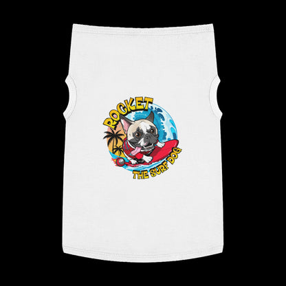 A white sleeveless pet shirt featuring a colorful graphic of a French Bulldog surfing on a red board with the text 'ROCKET THE SURF DOG' in yellow and blue.